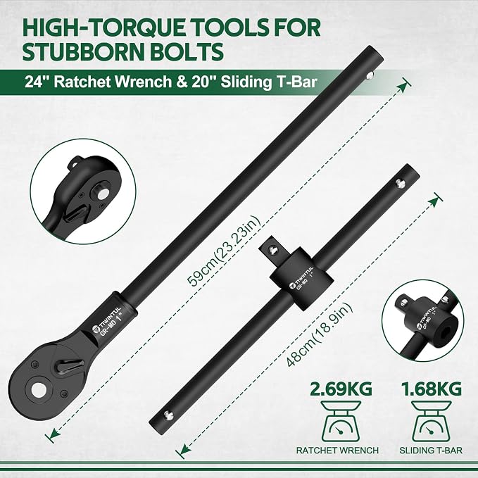 1 Inch Drive Impact Socket Set for Truck, Excavator & Construction Equipment Repair, 21-55mm Metric Heavy Duty CR-MO Socket Set, 18 Pcs with 24" Ratchet Wrench, Sliding T-Bar & Extension Bars