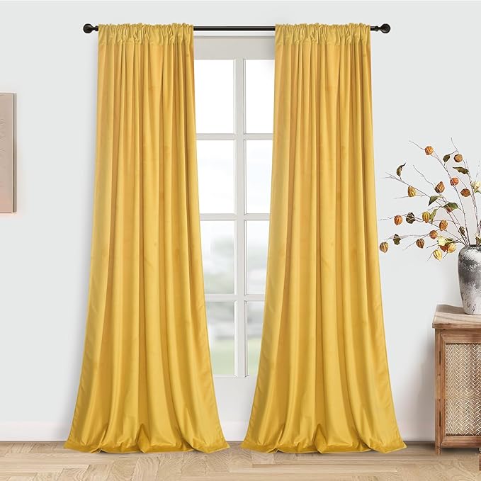 Roslynwood Luxury Soft Warm Yellow Velvet Curtains 63 inches Long Back Tab Thermal Insulated Blackout Window Drapes for Living Room/Bedroom/Dining Room, W52 x L63, 2 Panels