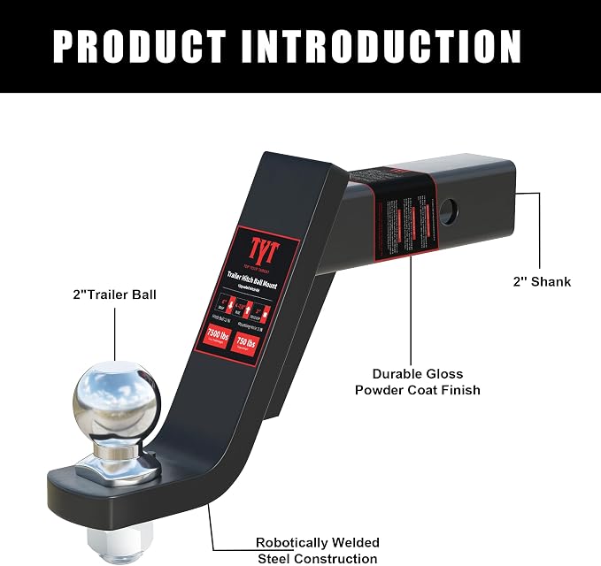 TYT Trailer Hitch Ball Mount Kit, 6-Inch Drop, Fits 2-Inch Receiver, 2-Inch Trailer Ball with 5/8" Hitch Pin Clip, Rated 7,500 lbs GTW / 750 lbs TW