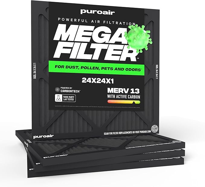 PuroAir MegaFilter - 24x24x1 Air Filter MERV 13 Activated CarbonTech Defense - Heavy Duty 3 Layer Furnace Filters Allergens, Pollen, Dust, Pet Dander, Smoke, Odors - HVAC Air Filter 24x24x1 (4-Pack)