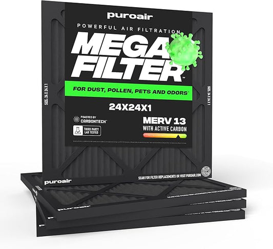 PuroAir MegaFilter - 24x24x1 Air Filter MERV 13 Activated CarbonTech Defense - Heavy Duty 3 Layer Furnace Filters Allergens, Pollen, Dust, Pet Dander, Smoke, Odors - HVAC Air Filter 24x24x1 (4-Pack)