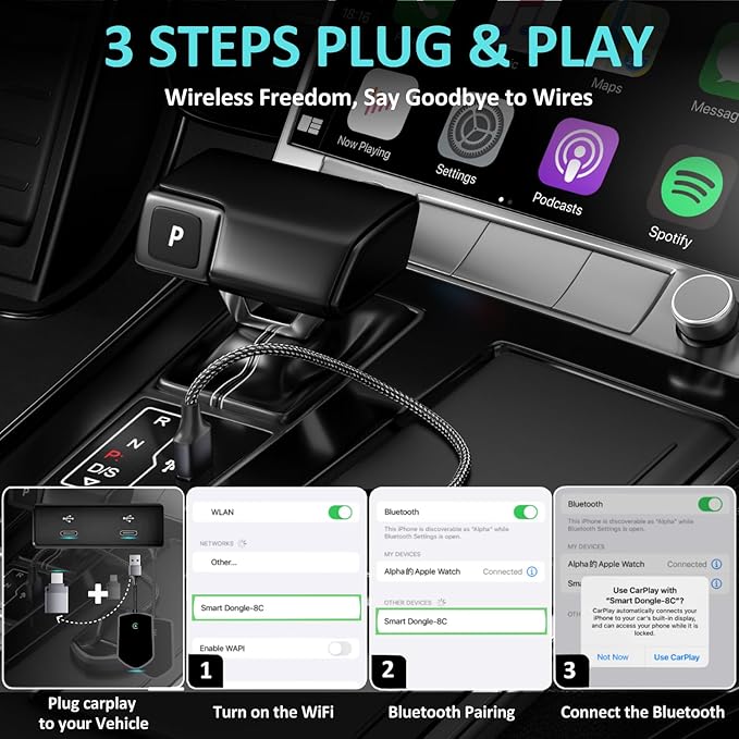 Wireless Carplay Adapter, Converts Wired to Wireless Carplay 2024 Upgrade Dongle for Play Carplay&Wireless Control Plug, Fit for Cars 2017+ & for Apple iPhone iOS 10+, Easy Operation