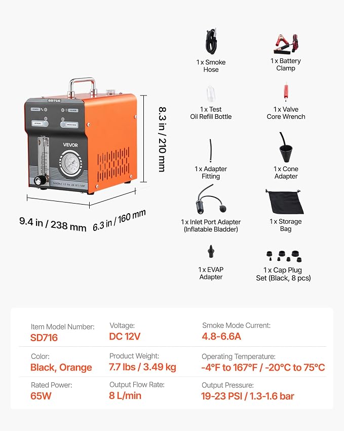 VEVOR Automotive Smoke Machine Leak Detector, DC 12V EVAP Vacuum Diagnostic Tester with Built-in Air Pump, Pressure Gauge & Flow Meter, Dual-Mode Detector for Cars, Motorcycles, Trucks, Boats, ATVs