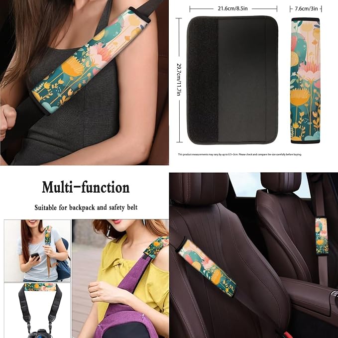 Watercolor Floral Print 13 Pack Car Seat Covers Full Set Colorful Cute Flower Painting Car Interior Accessories Fit Auto SUV Trucks Seat Belt Shoulder