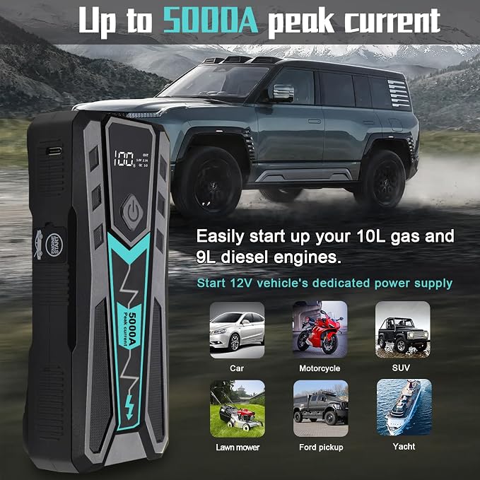 5000A Car Jump Starter, 12V Portable Car Jumper, Emergency Jump Box with LED Flashlight for Up to 10L Gas 9.0L Diesel Engine, Equipped with Hard Travel Case (Black)