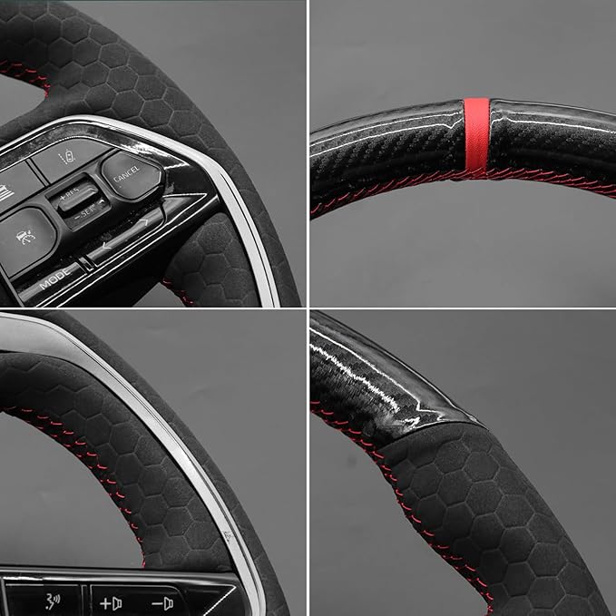 MEWANT Steering Wheel Cover Compatible with Toyota Tacoma 2024 / Tundra 2022-2024 / Sequoia 2023-2024 Hand-Stitched Carbon Fiber&Suede Steering Wheel Wrap