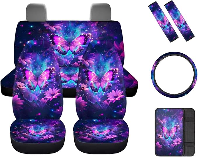 8 Pcs Purple Butterfly Car Interior Accessories Set for Women, Car Seat Cover Full Set with Automotive Steering Wheel Cover Auto Center Console Pad Seat Belt Pads