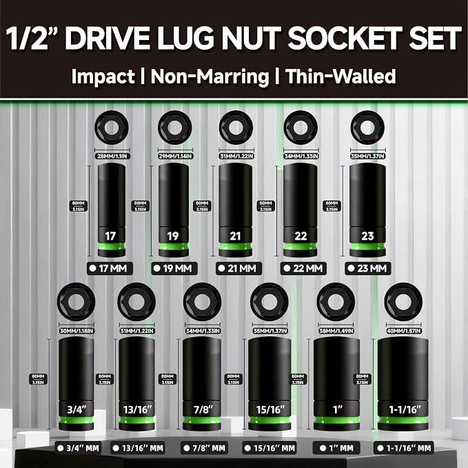 Wheel Lug Nut Socket Set, 11-Piece 1/2-inch Drive Impact Grade Thin Wall Deep Socket, SAE & Metic Non-Marring Wheel Nuts Protector Removal Tool, Cr-Mo Steel, PTM02011