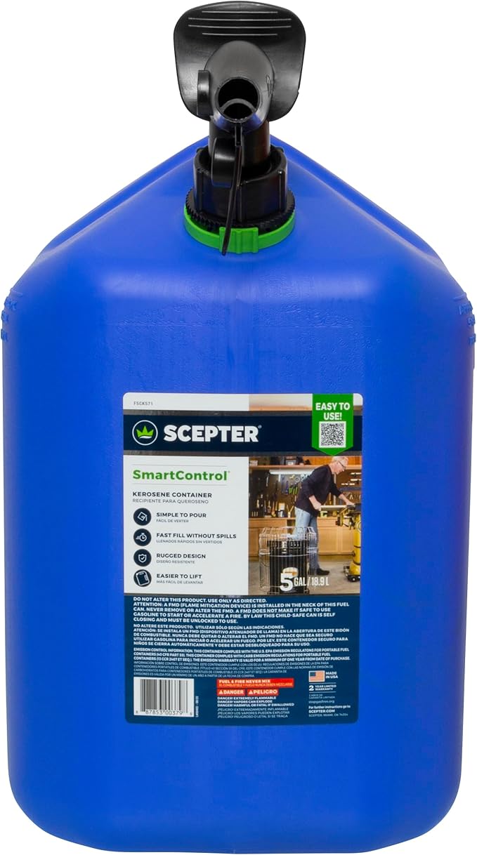 Scepter FSCK552 Fuel Container with Spill Proof SmartControl Spout, Blue Kerosene Can, 5 Gallon