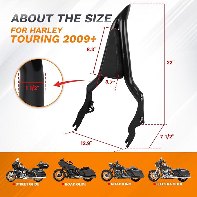 2009-2025 Sissy Bar for Harley Davidson Touring, 22'' Detachable Rear Passenger Backrest for Road King, Road Glide, Street Glide, Ultra Limited, Electra Glide, CVO, Ultra Classic Electra Glide