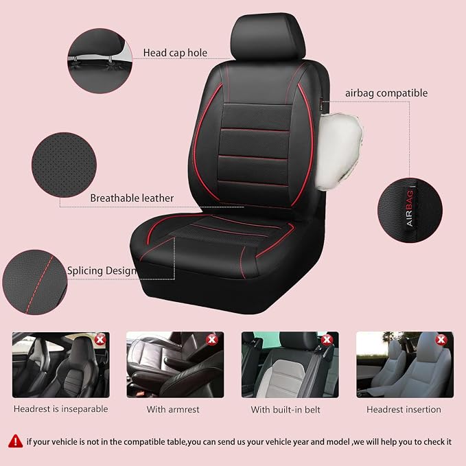 CAR PASS 3 Row Car Seat Covers, Piping Leather Seat Cover with 7 Headrests, Universal Fit Seat Cover Set for Cars Trucks SUV Van Airbag Compatible,7 Passenger Seat Covers Full Set (Black and Red)