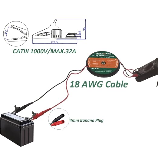 Retractable Test Leads 2 Wires 30FT 18AWG 10 in 1 Kit with Cable Bag and Multimeter Probe Alligator Clips Test Probe for Circuit Connection Electrical Testing and Troubleshooting