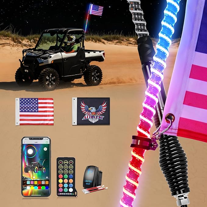 Nilight LED Whip Light 1 PC 5FT COB RGB Spiral Lighted Antenna with Spring Base, Bluetooth App & Remote Control DIY Chasing Patterns & Music Sync Safety Whips for ATV UTV RZR Polaris Can-Am Truck