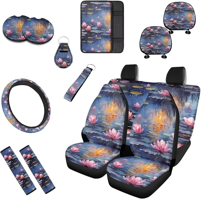 Monet Water Lily Print 13 pcs Full Set Car Accessories Oil Painting Lotus Floral Front Rear Seat Protection Universal for SUV Truck Vans Sedans