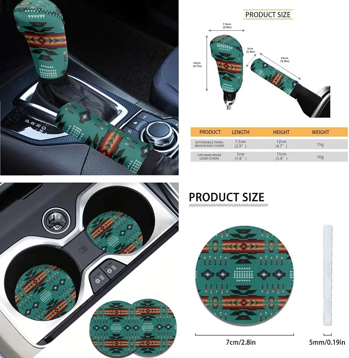 AFPANQZ Green Aztec Tribal Car Seat Covers Full Set 11 Packs Steering Wheel Cover + Safety Seat Belt Pads + Car Cup Holder Coaster + Handrake Cover + Gear Shift Knob Cushion for Men Women