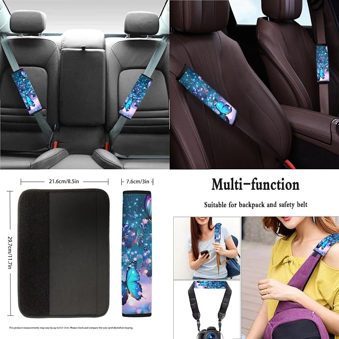 Xoenoiee Blue Sparkling Butterfly Print 11 Pieces Car Accessories Set, Front and Back Car Seat Covers Set, Steering Wheel Cover Car Coasters, Seat Belt Pads, Key Chain for Car Decoration