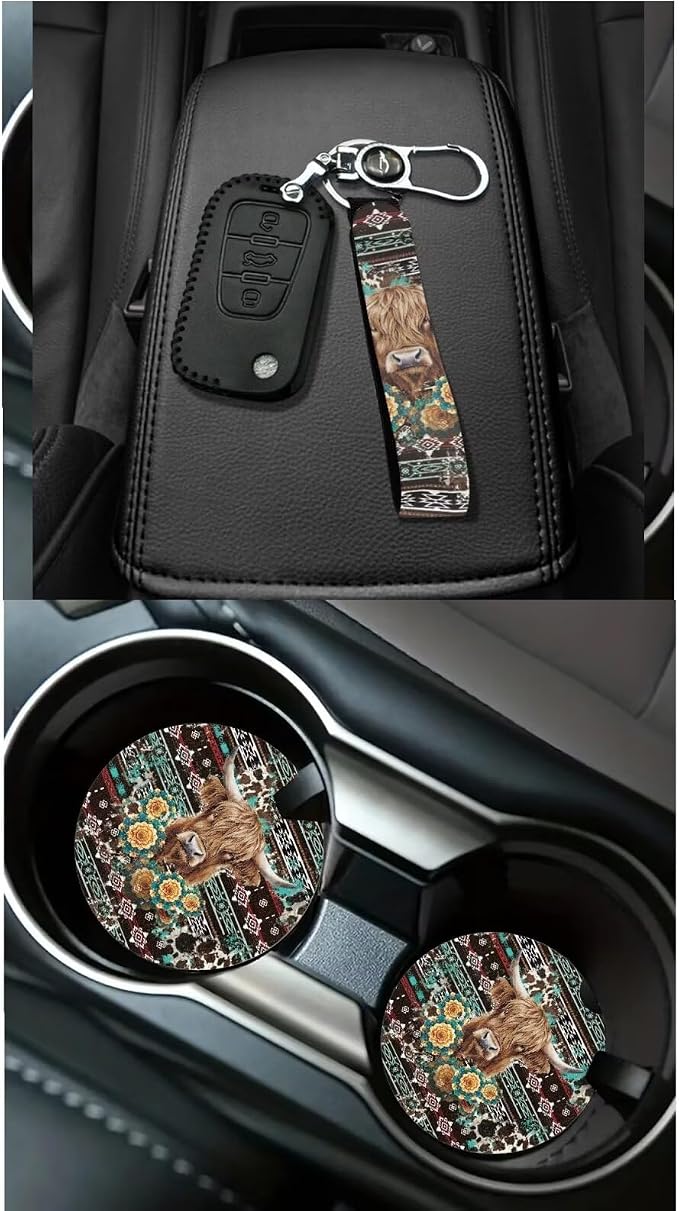 Dreaweet Aztec Highland Cow Car Accessories 15 Pcs Car Seat Covers Full Set with Steering Wheel Cover Seat Belt Pads Trash Can Rear View Mirror Cover Coasters Keychain Air Vent Storage Bag