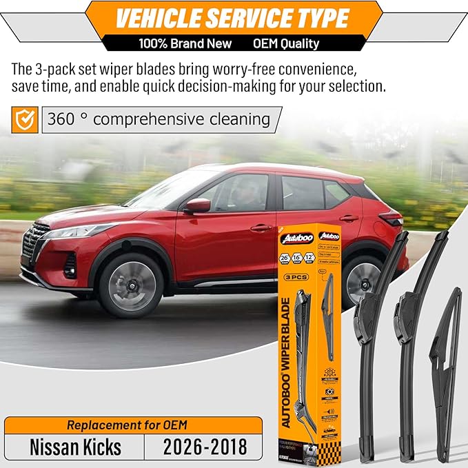 OEM Windshield Wiper Blade Replacement for Nissan Kicks 2018 2019 2020 2021 2022 2023-2026 Original Equipment All-Season Rear Wiper Blade Set 26+16+12 (Set of 3)