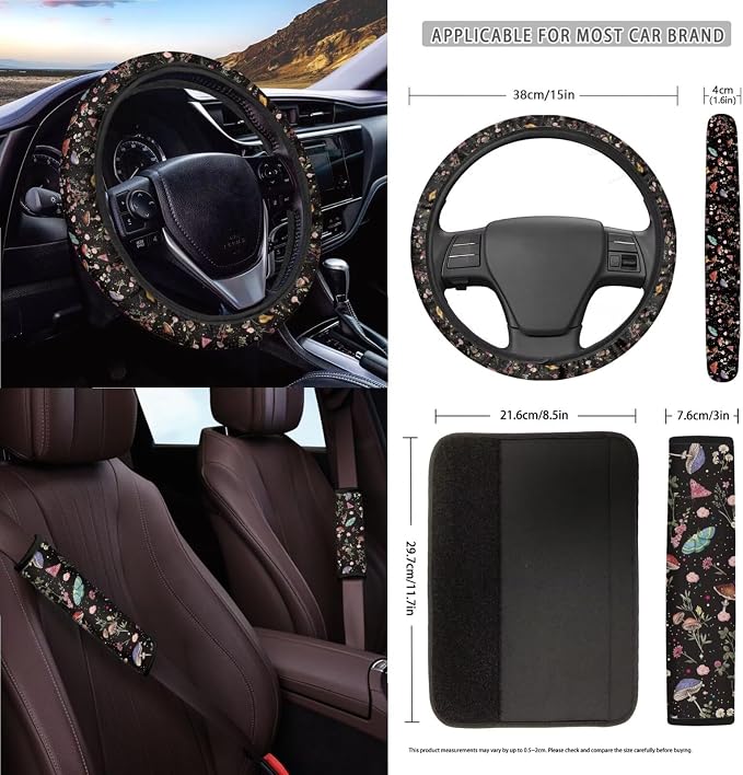 Cottagecore Mushroom Floral Butterfly Car Seat Cover Sets Car Steering Wheel Cover Seat Belt Cover Trash Bin Air Vent Storage Box Front Rear View Mirror Car Cup Holder Keychain 15Pcs