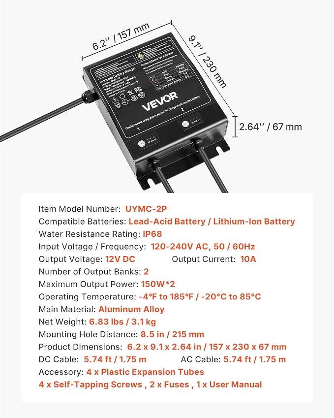 VEVOR 2 Bank Marine Battery Charger, 10A (10A/Bank) 12V Onboard Boat Charger, IP68 Waterproof Smart Battery Charger for Lithium LiFePO4, NCM, Lead-Acid Batteries, Large Boat, Yacht, RV, Trailer