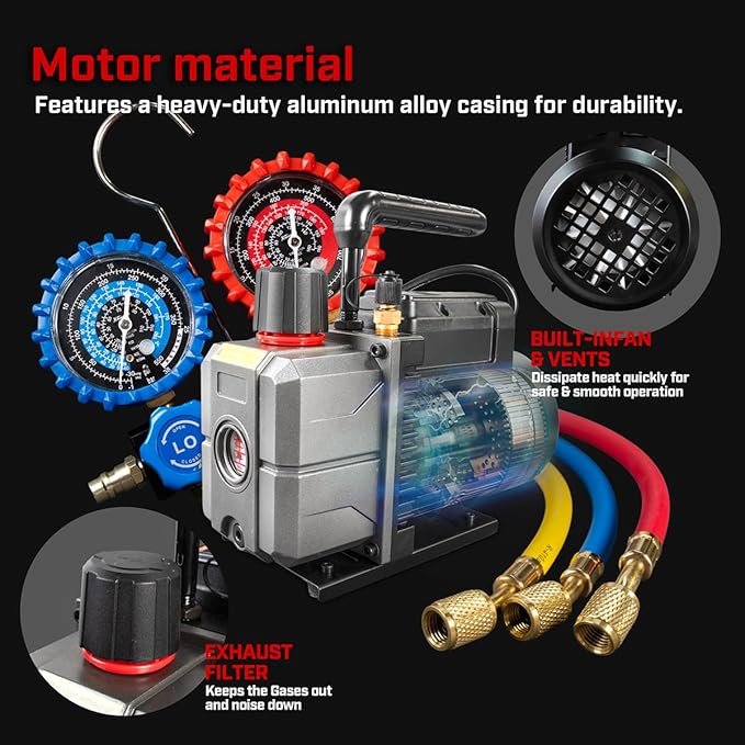 XtremepowerUS 1/3 HP 3.5CFM Single Stage A/C Vacuum Pump and AC Manifold Gauge Kit, for R32, R134a R22 R410a Systems, HVAC Air Conditioning Refrigeration Recharging Can Tap