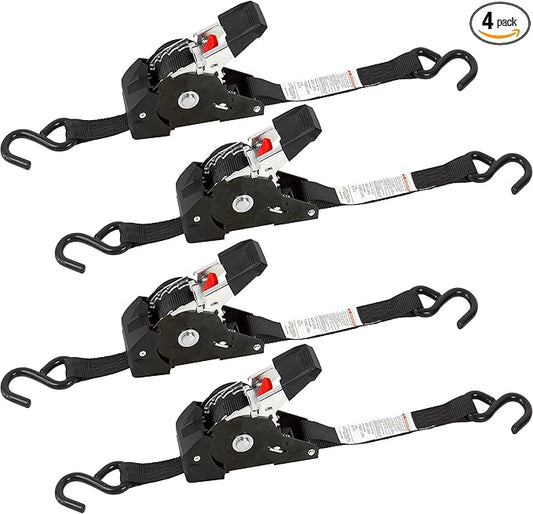1" x 6' Retractable Ratchet Straps, 1600 lbs Break Strength, Heavy Duty 4 Pack, Self Retracting Tie Downs with S Hooks, DOT Approved for Durable Strapping for Trailers, Trucks, Boats, and Cargo