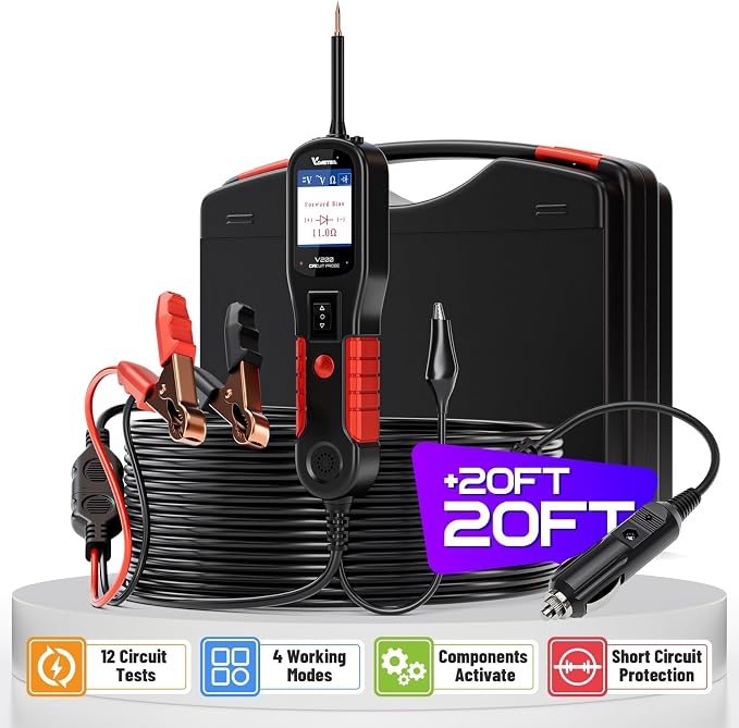 VDIAGTOOL V200 Automotive Circuit Tester, Power Circuit Probe Tool, 12-24V Electrical Short Open Breaker Circuit Finder, AC/DC Current Resistance, Duty Cycle, & 20FT Extension Cord, for 99% Cars