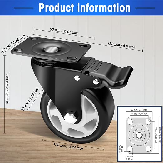 4" Swivel Plate Casters, 1200Lbs Capacity with Brake | Black, 4-Pack, PU Wheels, Double Ball Bearings, Quiet & Non-Marking, for Workbenches & Carts