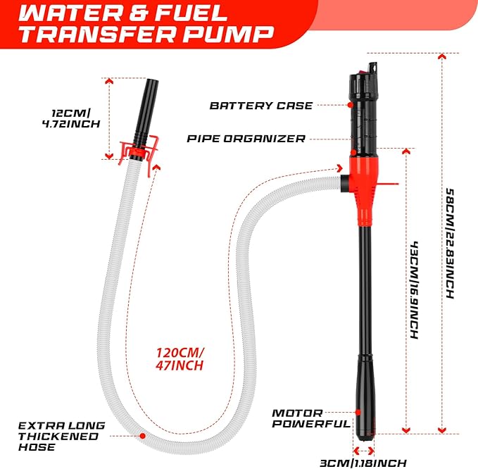 Portable Transfer Pump Battery Operated Electric Siphon Pump for Gas, Fuel, Diesel, Water Transfer 2.4 GPM Flow Oil Extractor, 47" Hose-Easy to Use Hand Fuel Pump, Multi-Use Siphon Transfer Pump(Red)
