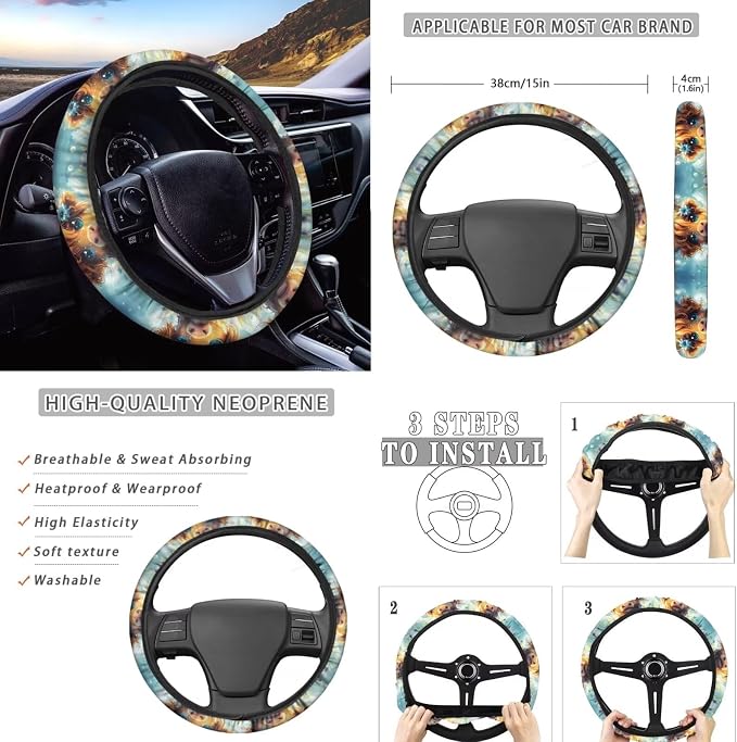 Wanyint Cute Highland Cow 11 Pack Car Seat Cover Set with Steering Wheel, Shift Knob, Handbrake, Coasters & Headrest Covers - Universal Fit