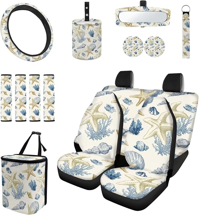 Beach Starfish 15 PCS Car Seat Cover Set with Auto Steering Wheel Cover Seat Belt Strap Protector Cup Holder Trash Bag Rear View Mirror Protector Keychain