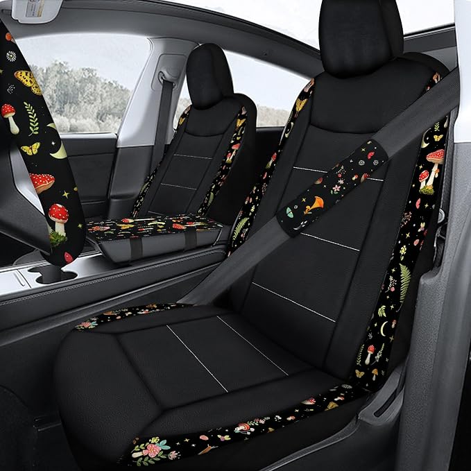 23 Pcs Leather Car Seat Cover Full Set for Women,Universal Car Seat Cover, Print Printing Car Steering Wheel Cover Center Console Armrest,Sunglass Holder Accessories Full SUV (Black Mushroom)