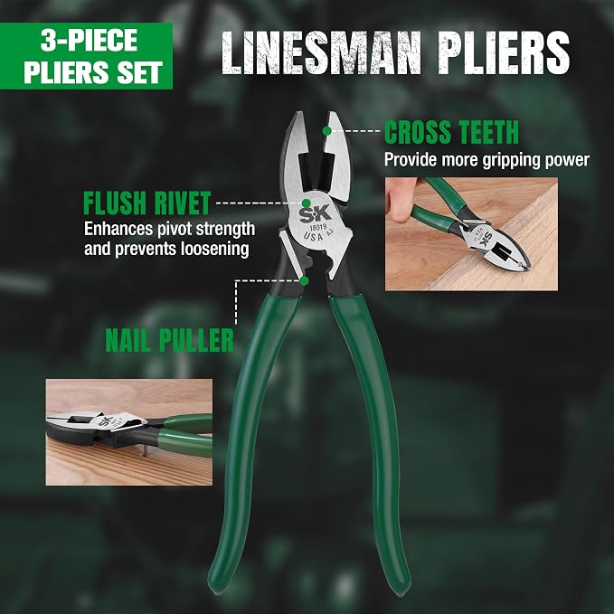 SK Tools USA 3 Piece Pliers Set: Diagonal Cutting, Long Nose Cutting, Linesman | 17842