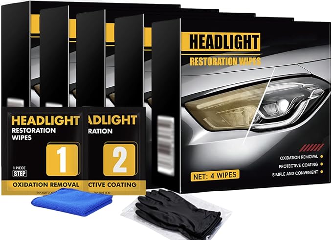 Headlight Restoration Wipes Kit, 2 Step Headlight Cleaner & Protective Coating Wipes, Removes Oxidation & Yellowing, Restores Clarity & Shine,Headlight Polish no Power Tools Required (5PCS)