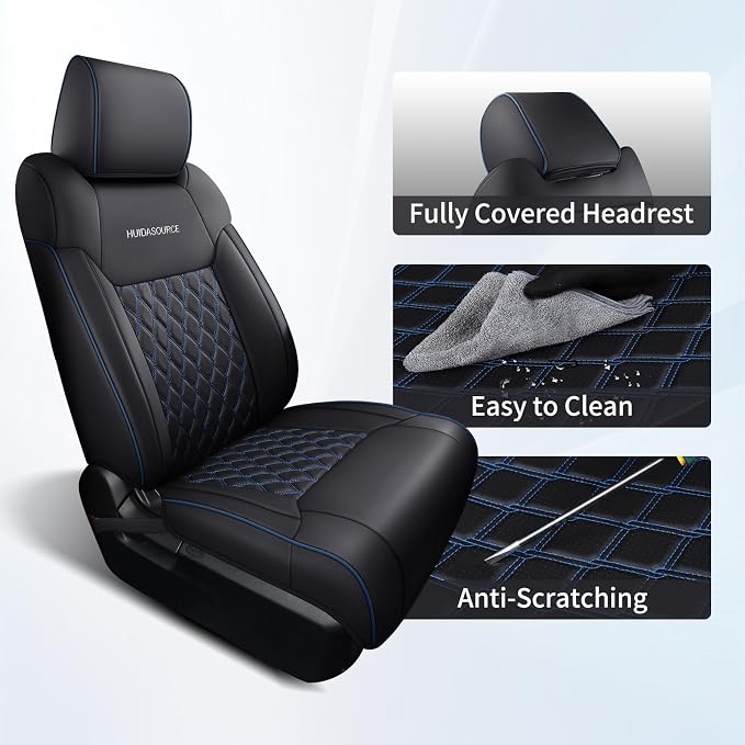 Huidasource Car Seat Covers for Dodge Ram, Front Seat Cushion Waterproof Ram Truck Custom Seat Protector Fit for 2009-2025 Ram 1500, 2010-2025 Ram 2500/3500 Crew/Mega Cab(Concave Front/Black&Blue)
