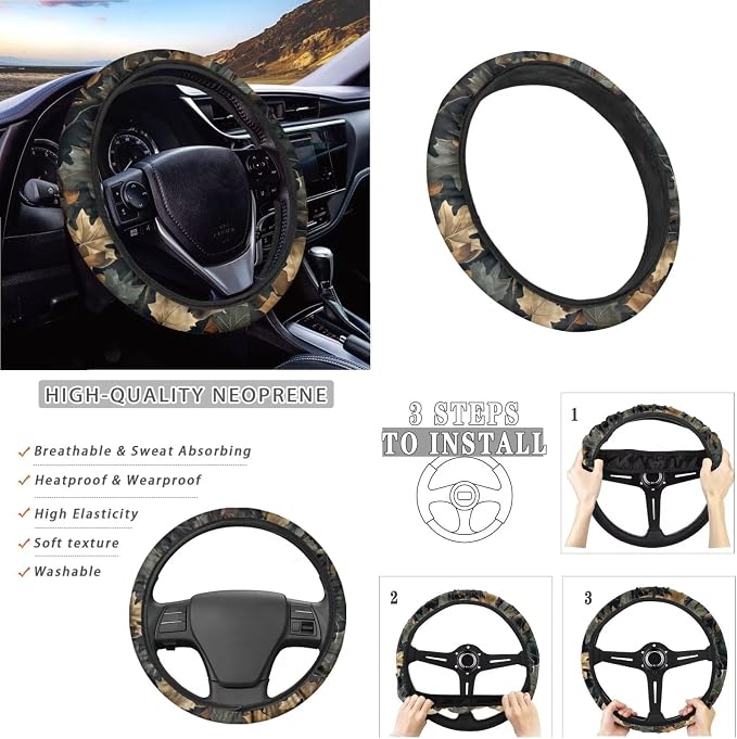 Hunting Camo Pattern Women’s 13 Pieces Car Accessories, 4 PCS Auto Seat Covers with Elastic Backing, 1 Piece Steering Wheel Cover, 4 Safe Belt Pads, 4 Cup Coasters as Gift for Family Friend