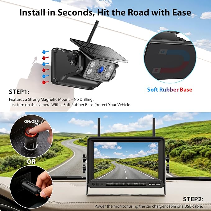 Magnetic Solar Wireless Backup Camera System, HD 1080P 7" Monitor with Rear View Camera for RV/Trailer/Fifth Wheels/Camper, Night Vision, Portable Rechargeable Battery, Loop Recording-ZEROXCLUB BS701