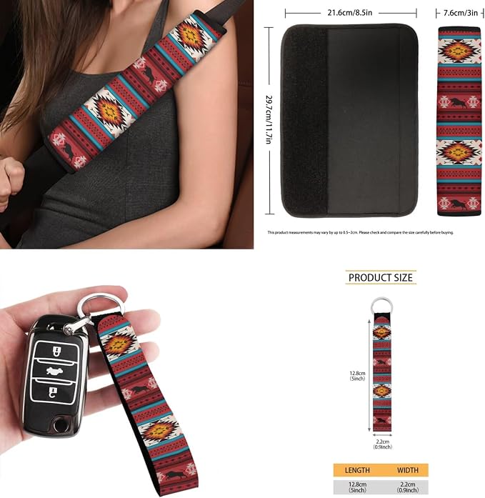 Wolf Tribal Aztec Car Seat Covers Set of 15 with Universal Steering Wheel Cover, Rearview Mirror Cover, Car Trash Can, Seatbelt Pads, Cup Holder Coasters, Keychains