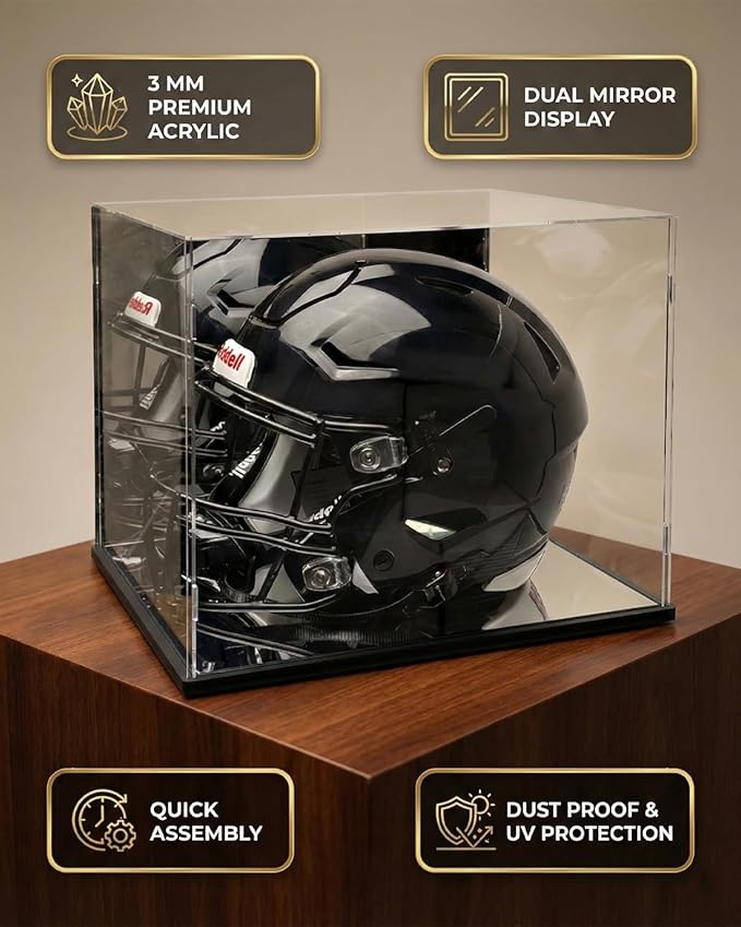 Acrylic Football Helmet Display Case Full Size with Mirror Back and Base, UV Protection Dustproof Clear Cube Box for Sports Memorabilia Storage, Assembly Required (14.9" L x 11.8" W x 11.8" H inches)