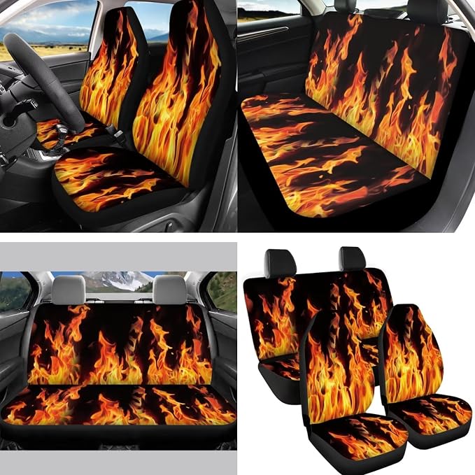 14Pack Orange Fire Flame Car Seat Covers,Neoprene Auto Steering Wheel+Seatbelt Pads Handbreak Cover Vehicle Coasters+Brown Cowhide Keychain+Vehicle Interior Mirror Cover Accessory