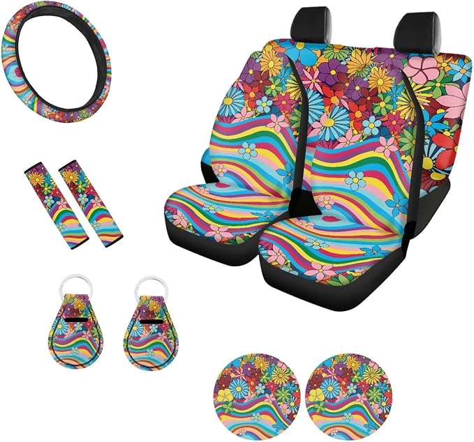 POLERO 11PCS Aesthetic Car Seat Covers Full Set Rainbow Swirl Wavy Hippie Flower Groovy Steering Wheel Cover Seat Belt Shoulder Pads Keyrings Coasters for Women