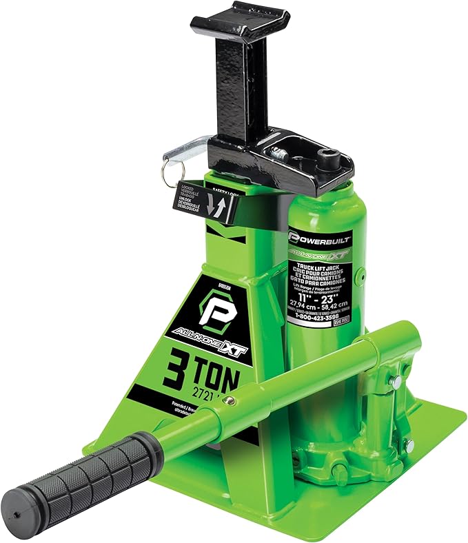 POWERBUILT 3 Ton All-in-One Hydraulic Bottle Jack and Jackstand in One, Compact, Wide Base, 11-21 Inch Range, Eliminates Jackstands, for Trucks, SUVs, RVs, Trailers, ASME, Not for Sedans - 640912