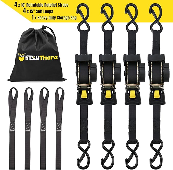 Stay There Retractable Ratchet Straps (4-Pack) - 1 Inch x 10 Feet (1800lb Break Strength) - Heavy Duty Auto Self Retracting Tie Down Straps for Truck, Cargo Trailer, Motorcycle & More - Black