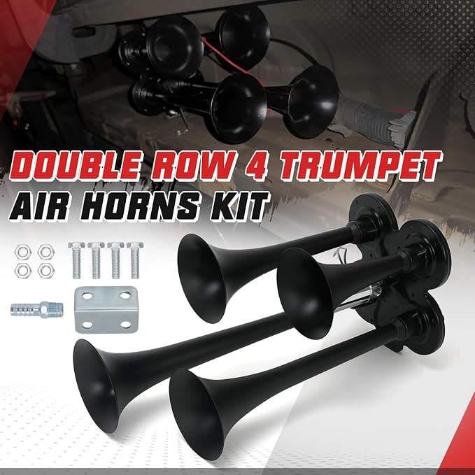 PTNHZ Double Row 4 Trumpet Air Horns Kit w/Electric Solenoid & Mounting Hardware 12V/24V Super Loud 178dB Universal for Pickup Car Jeep SUV Train Boat(Black)