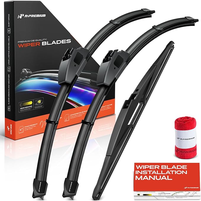 A-Premium 24"/18"/14" Windshield Wiper Blades Compatible with Hyundai Santa Fe 2007-2012 & Mazda CX-5 2013-2016 - Front Rear Wipers Blade Set for Hook/RL2, with Wear Indicator & Towel (Pack of 3)