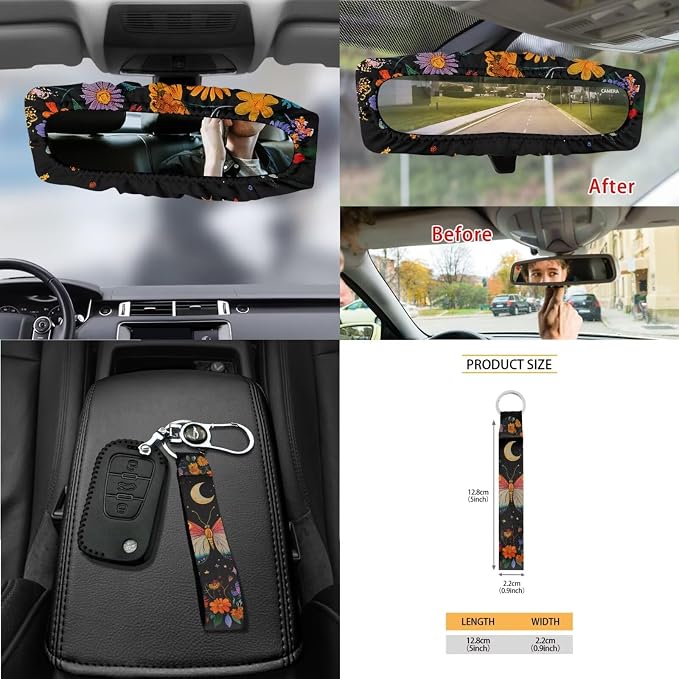 Flower Butterfly Moon Car Seat Cover Full Set 15 PCS, with Steering Wheel Cover Seat Belt Pad Garbage Bag Air Vent Bag Rearview Mirror Cover Coaster Key Chain Universal Fit for SUV