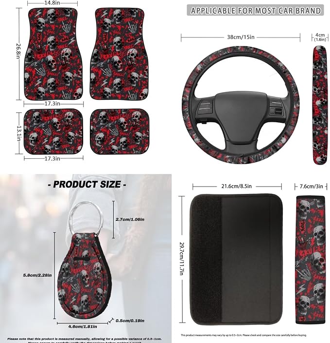 Halloween Skull Prints Car Seat Covers Full Set with Steering Wheel Cover Floor Mats Armrest Cover Seat Belt Pads Roof Handle Wraps Cup Coaster Keychains 18 Pcs Auto Interior Accessories