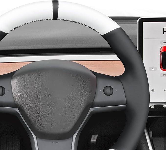 MEWANT Hand Stitch Steering Wheel Cover for Tesla Model Y 2023 Tesla Model 3 2020 Black White Faux Leather Steering Wrap