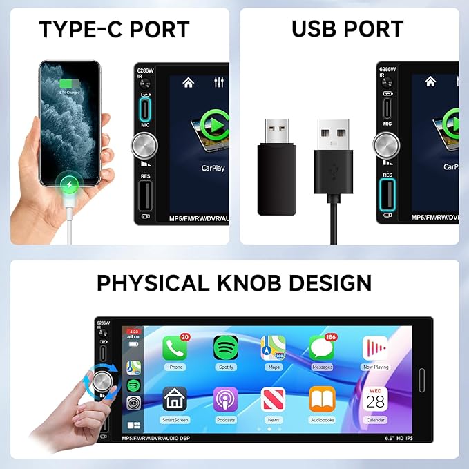 6.9'' Single Din Car Stereo with Wireless CarPlay Android Auto, 1280 * 480 HD Touchscreen Radio Bluetooth 5.2, Mirror Link, FM, SWC, Type C/USB Charging + Backup Camera+ Mic