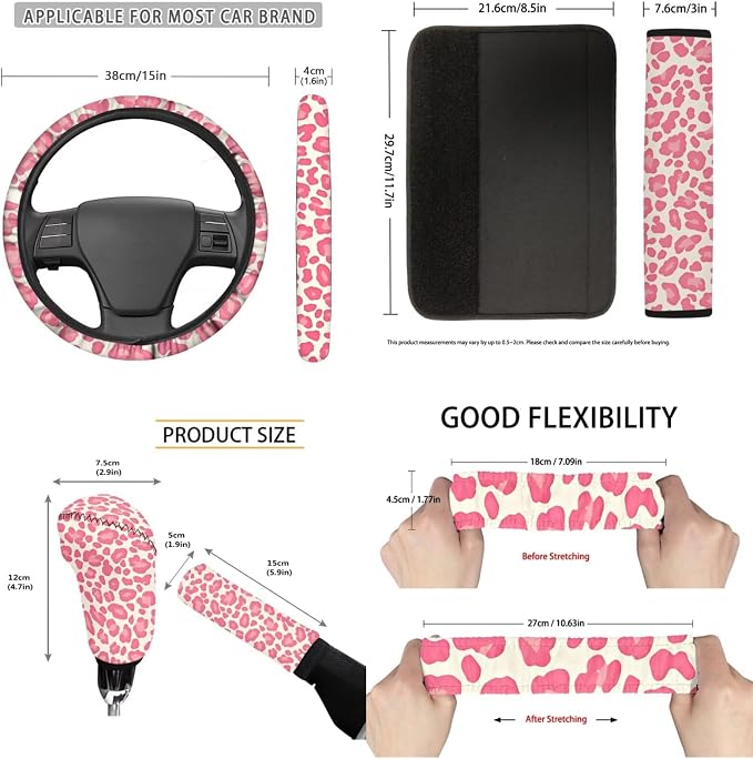 Pink Leopard Print Car Seat Covers Set of 11 Car Front Seat Cover Steering Wheel Cover Rear View Mirror Cover Cup Coasters Wristlet Keychain for Most Cars, SUVs